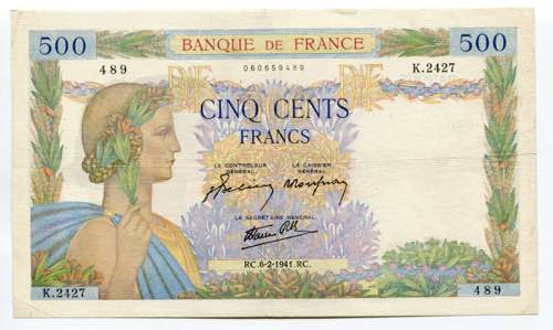 France 500 Francs 1941 P# 95; VF