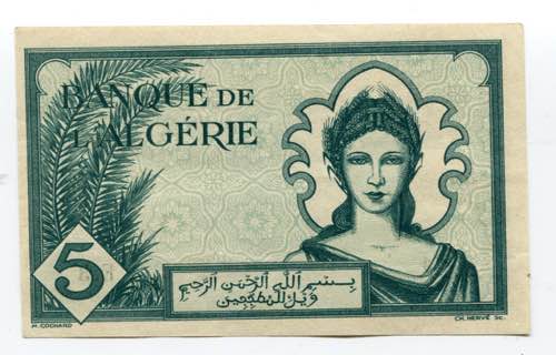 Algeria 5 Francs 1942 P# 91; ... 