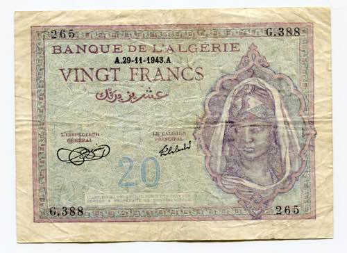 Algeria 20 Francs 1943 P# 92a; VF