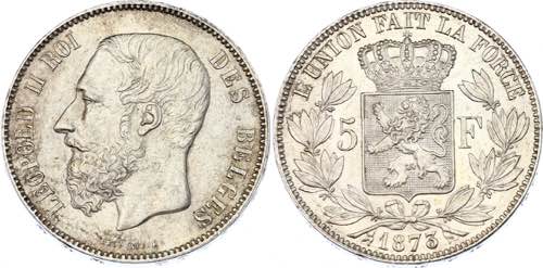 Belgium 5 Francs 1873 KM# 24; ... 