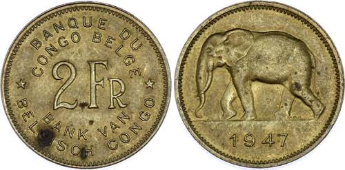 Congo 2 Francs 1947 KM# 28; ... 