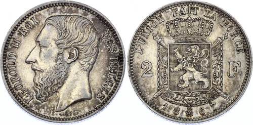 Belgium 2 Francs 1867 KM# 30.1; ... 