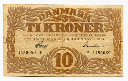 Denmark 10 Kroner 1934 P# 26i; ... 
