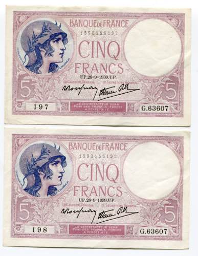 France 5 Francs 1939 Consecutive ... 