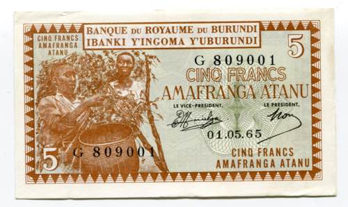 Burundi 5 Francs 1965 P# 8a; AUNC-