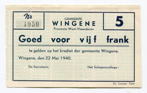 Belgium 5 Francs Notgeld 1940 (ND) ... 