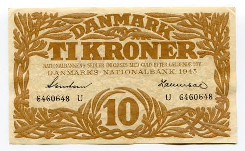 Denmark 10 Kroner 1943 P# 31o; XF-