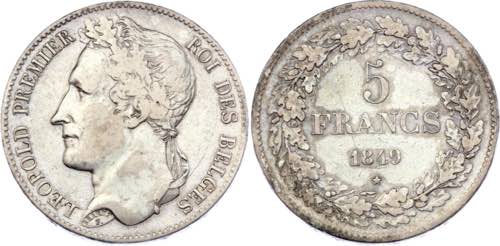 Belgium 5 Francs 1849 - KM# 3.2; ... 