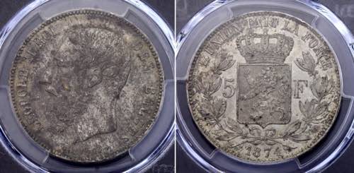 Belgium 5 Francs 1874 PCGS AU 58 - ... 