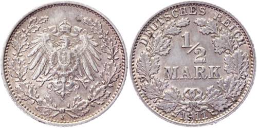 Germany - Empire 1/2 Mark 1911 J - ... 