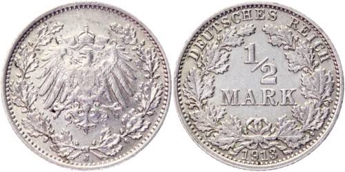 Germany - Empire 1/2 Mark 1913 J - ... 