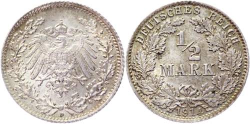 Germany - Empire 1/2 Mark 1914 D - ... 