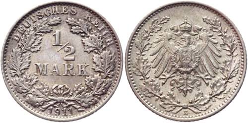 Germany - Empire 1/2 Mark 1911 E - ... 