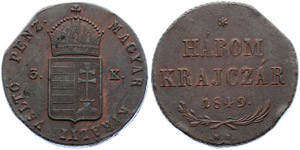 Hungary 3 Krajczar 1849 RARE 