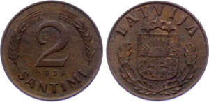 Latvia 2 Santimi 1939 KM# 11.2 UNC