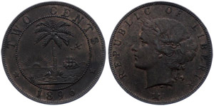 Liberia 2 Cents 1896 H KM#6 UNC VERY RARE