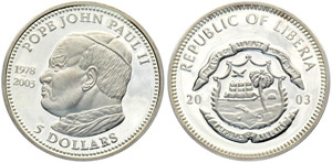 Liberia 5 Dollars 2003 Pope John Paul II ... 