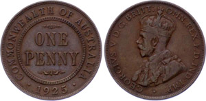 Australia Penny 1925 KM# 23. Rare date!