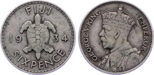 Fiji 6 Pence 1934 KM#3 Silver George V