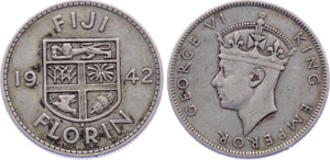 Fiji 1 Florin 1942 S KM# 13a Silver George VI
