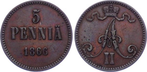Finland 5 Pennia 1866 KM#4.1 Aleksandr II