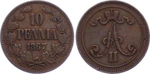 Finland 10 Pennia 1867 KM# 5.1 VF Russia ... 