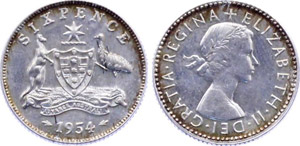 Australia 6 Pence 1954 KM# 52 Elizabeth II ... 