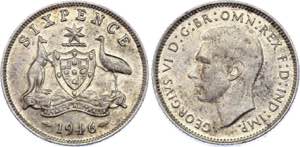 Australia 6 Pence 1946 - KM# 38a; Silver; ... 