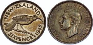 New Zealand 6 Pence 1942 - KM# 8; Silver; ... 