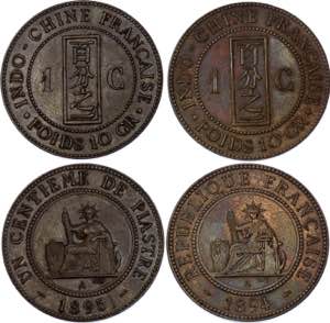 French Indochina 2 x 1 Centime 1894 & 1895 A ... 