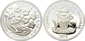 Bahamas 10 Dollars 1974 - KM# 68a; Silver, ... 
