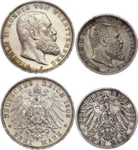 Germany - Empire Wurttemberg 2 & 3 Mark 1902 ... 