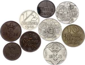Danzig Lot of 9 Coins 1923 - 1937 - Various ... 