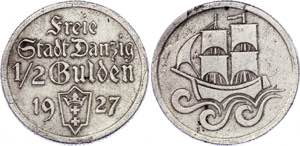 Danzig 1/2 Gulden 1927 - KM# 144; Silver; XF