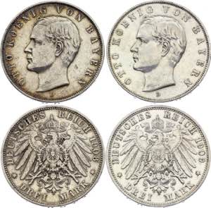 Germany - Empire Bavaria 2 x 3 Mark 1908 & ... 