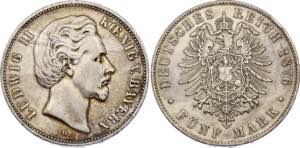 Germany - Empire Bavaria 5 Mark 1876 D - KM# ... 