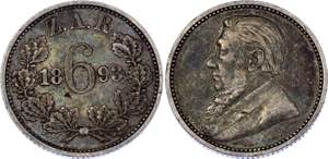 South Africa 6 Pence 1893 - KM# 4; Silver; XF