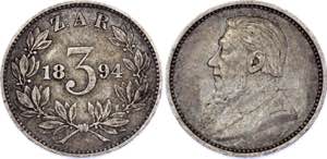 South Africa 3 Pence 1894 - KM# 3; Silver; XF