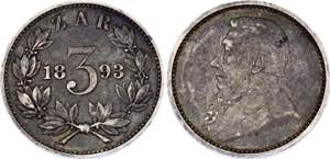 South Africa 3 Pence 1893 - KM# 3; Silver; XF