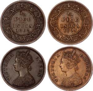 British India 2 x 1/2 Pice 1862 - 1893 - KM# ... 