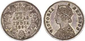 British India 2 Annas 1890 B Rare - KM# 488; ... 