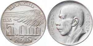 Brazil 5000 Reis 1938  - KM# 543; Silver ... 