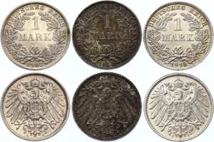 Germany - Empire 3 x 1 Mark 1902 - 1915 A, J ... 