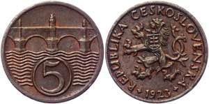 Czechoslovakia 5 Haleru 1923 - KM# 6; Bronze ... 