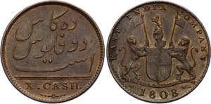 British India 10 Cash 1808 - KM# 320; XF+