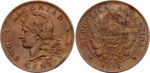 Argentina 2 Centavos 1891 - KM# 33; UNC