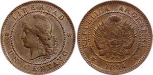 Argentina 1 Centavo 1884 - KM# 32; UNC-, ... 
