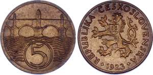 Czechoslovakia 5 Haleru 1923 - KM# 6; Bronze ... 