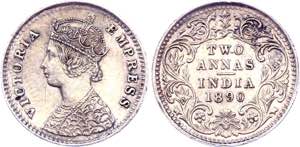 British India 2 Annas 1890 C - KM# 488; ... 