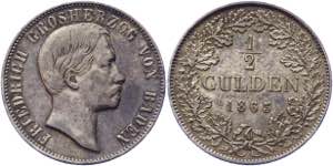 German States Baden 1/2 Gulden 1863 - KM# ... 